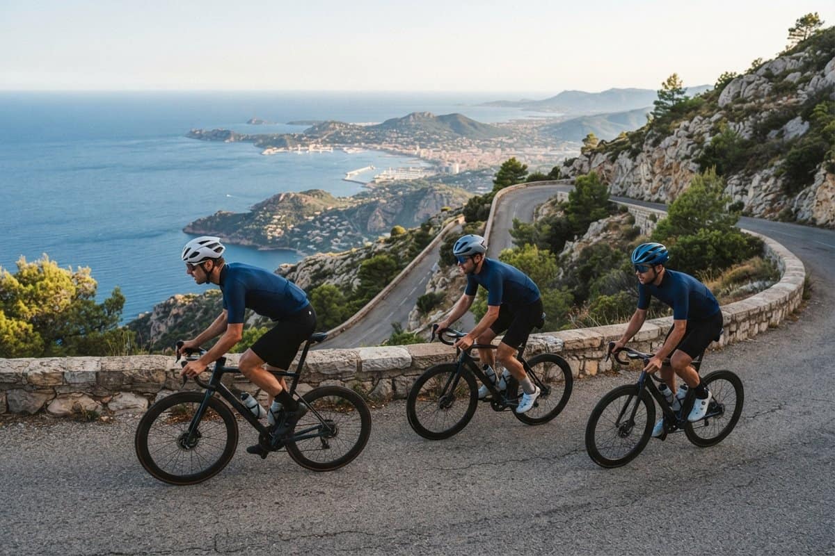Trois cyclistes en tenue bleue montent une route en corniche au-dessus d'une baie méditerranéenne