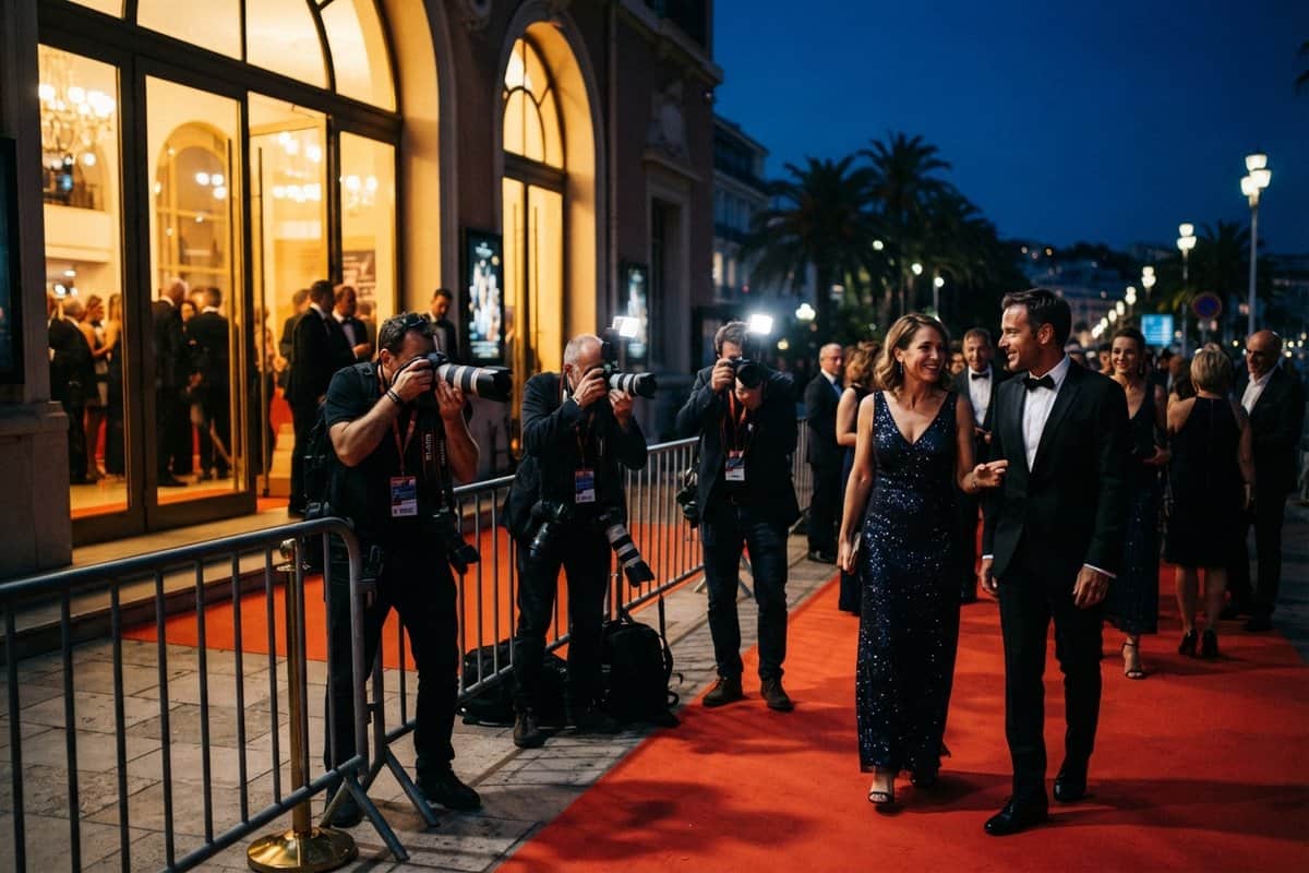 Un couple en tenue de soirée avance sur un tapis rouge devant trois photographes de presse, à la nuit tombée.