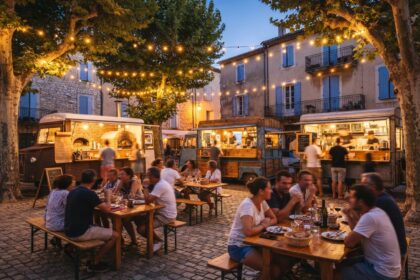Food-trucks et longues tablées en bois sur une place pavée éclairée de guirlandes, au crépuscule