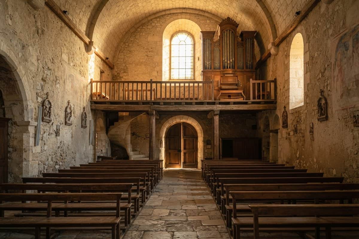 Orgue à tuyaux sur une tribune en bois au-dessus de l'entrée d'une petite église de village en pierre
