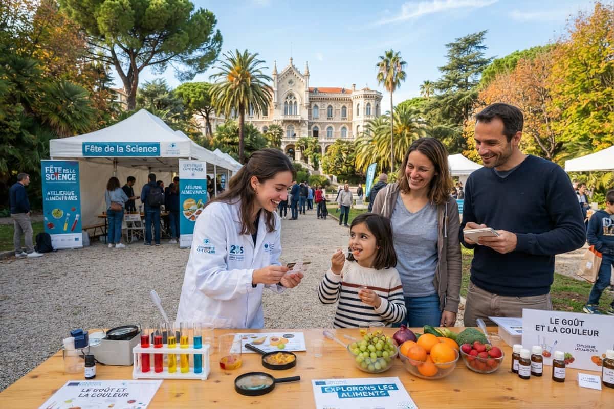 Chercheuse en blouse blanche faisant goûter une fillette devant ses parents, stand scientifique et château en arrière-plan