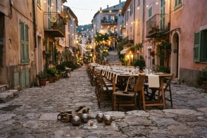 Rue pavée en pente d'un village méditerranéen au crépuscule, longue tablée dressée sous des guirlandes et boules au sol