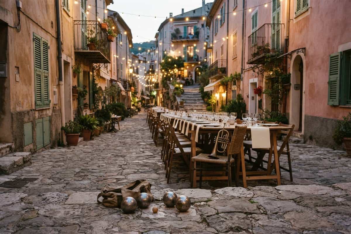 Rue pavée en pente d'un village méditerranéen au crépuscule, longue tablée dressée sous des guirlandes et boules au sol