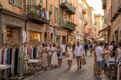 Rue piétonne de Nice bordée de portants de vêtements et de pancartes Braderie -50 % devant les boutiques