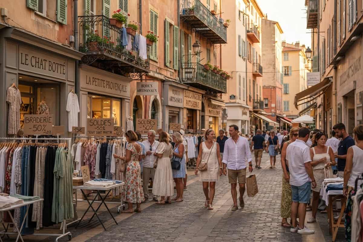 Rue piétonne de Nice bordée de portants de vêtements et de pancartes Braderie -50 % devant les boutiques