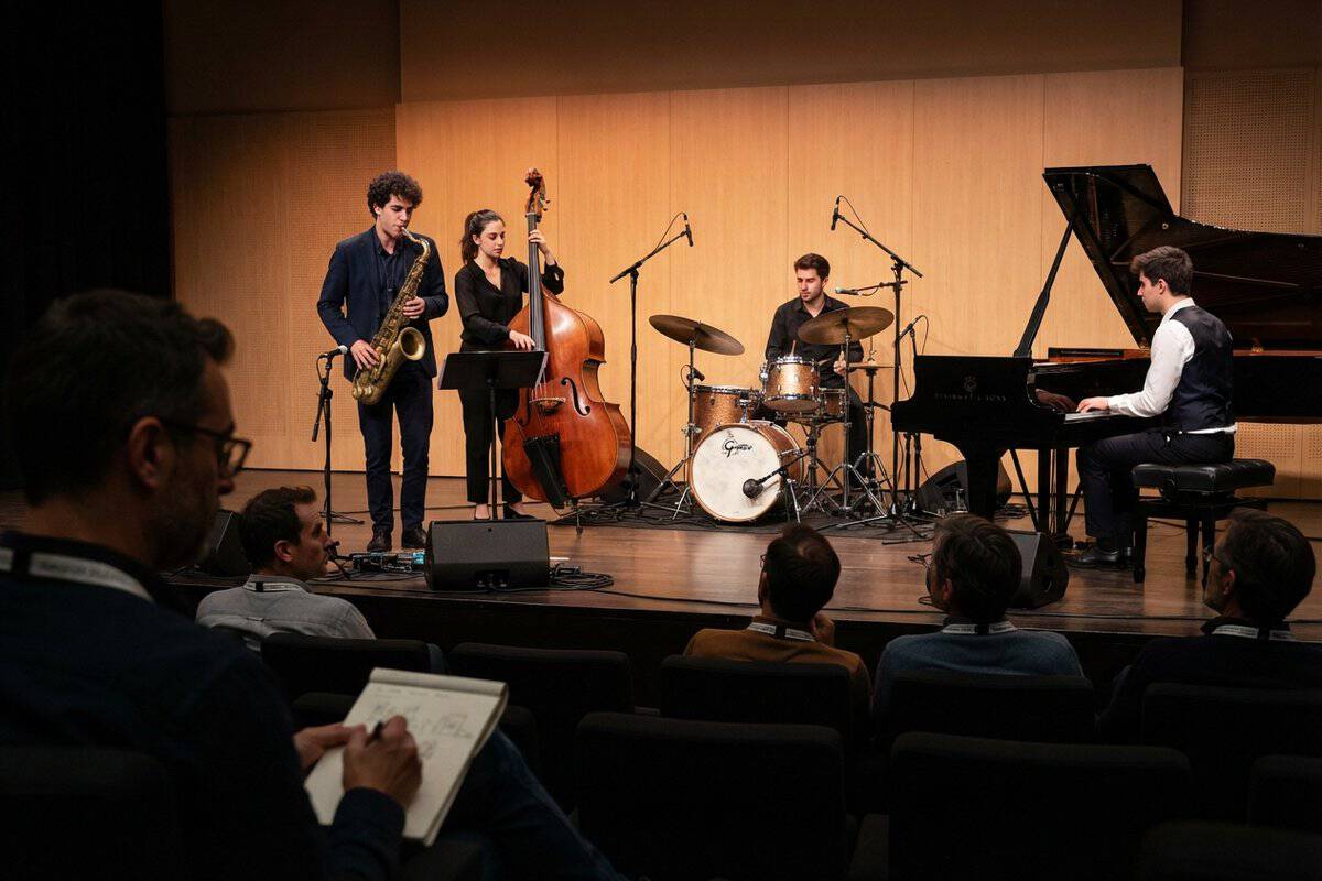 Quartette de jazz sur scène, saxophone, contrebasse, batterie et piano à queue, devant un public muni de badges