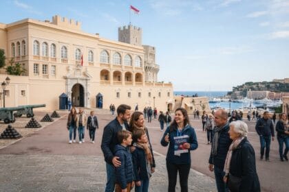 Guide souriant tenant un dépliant face à une famille sur la place du Palais de Monaco, canons et port en arrière-plan