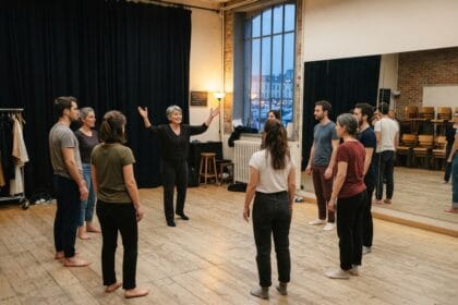 Une comédienne bras ouverts anime un échauffement au milieu d'un cercle d'adultes dans un studio de répétition.