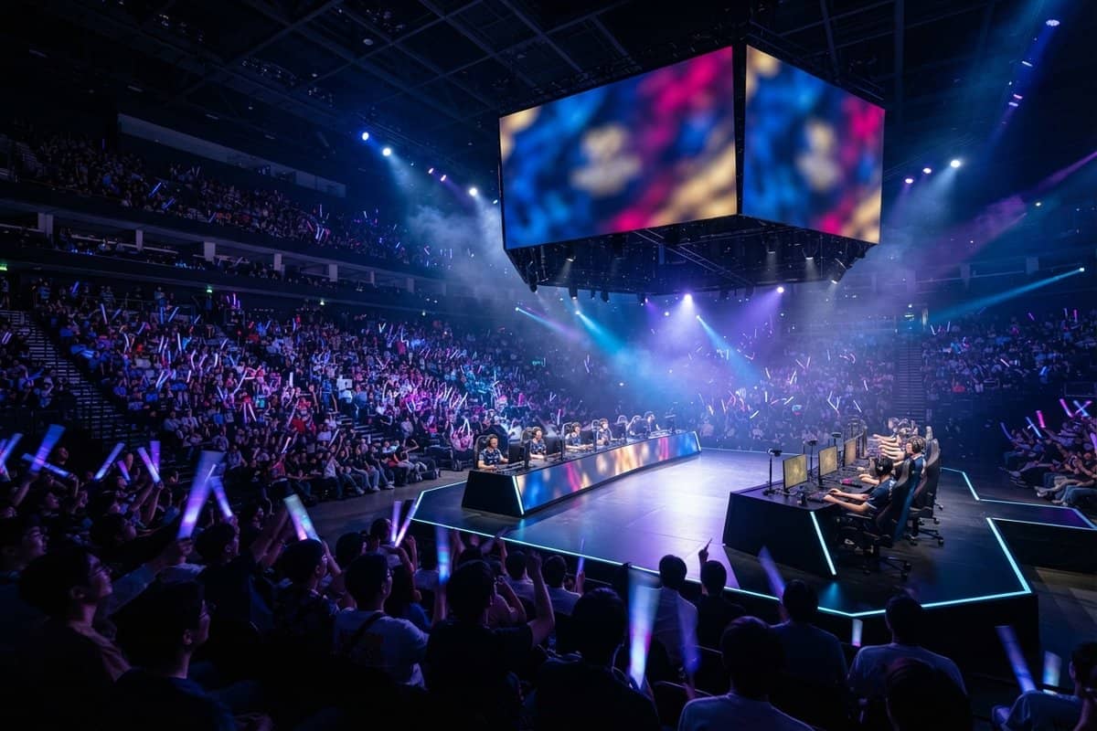 Salle bondée dans la pénombre, scène centrale d'esport et écran géant suspendu sous des faisceaux bleus et violets