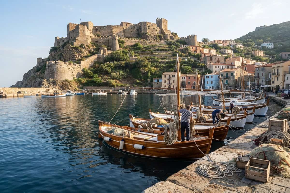 Barques en bois amarrées le long d'un quai de pierre, au pied d'une citadelle dominant un village méditerranéen