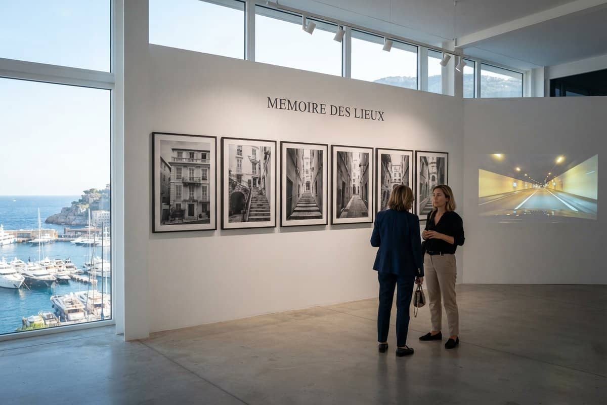 Deux visiteuses devant une série de photographies en noir et blanc dans une salle d'exposition ouverte sur un port