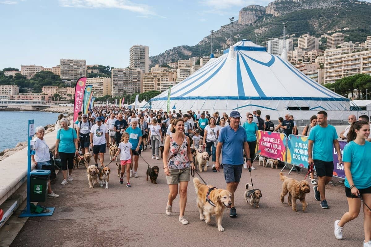 Promeneurs et chiens en laisse sur une esplanade en bord de mer à Monaco, devant un grand chapiteau blanc et bleu