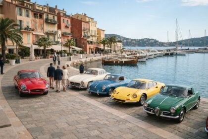 Cinq voitures de collection alignées sur le quai d'un port méditerranéen, devant des façades pastel et des bateaux.
