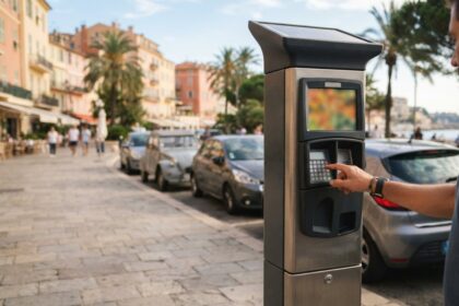 Main pressant le clavier d'un horodateur, voitures garées et palmiers sur un quai méditerranéen
