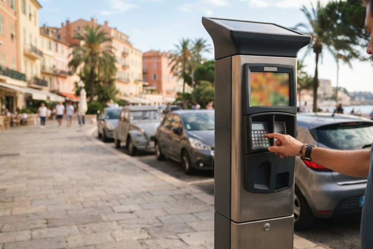Main pressant le clavier d'un horodateur, voitures garées et palmiers sur un quai méditerranéen