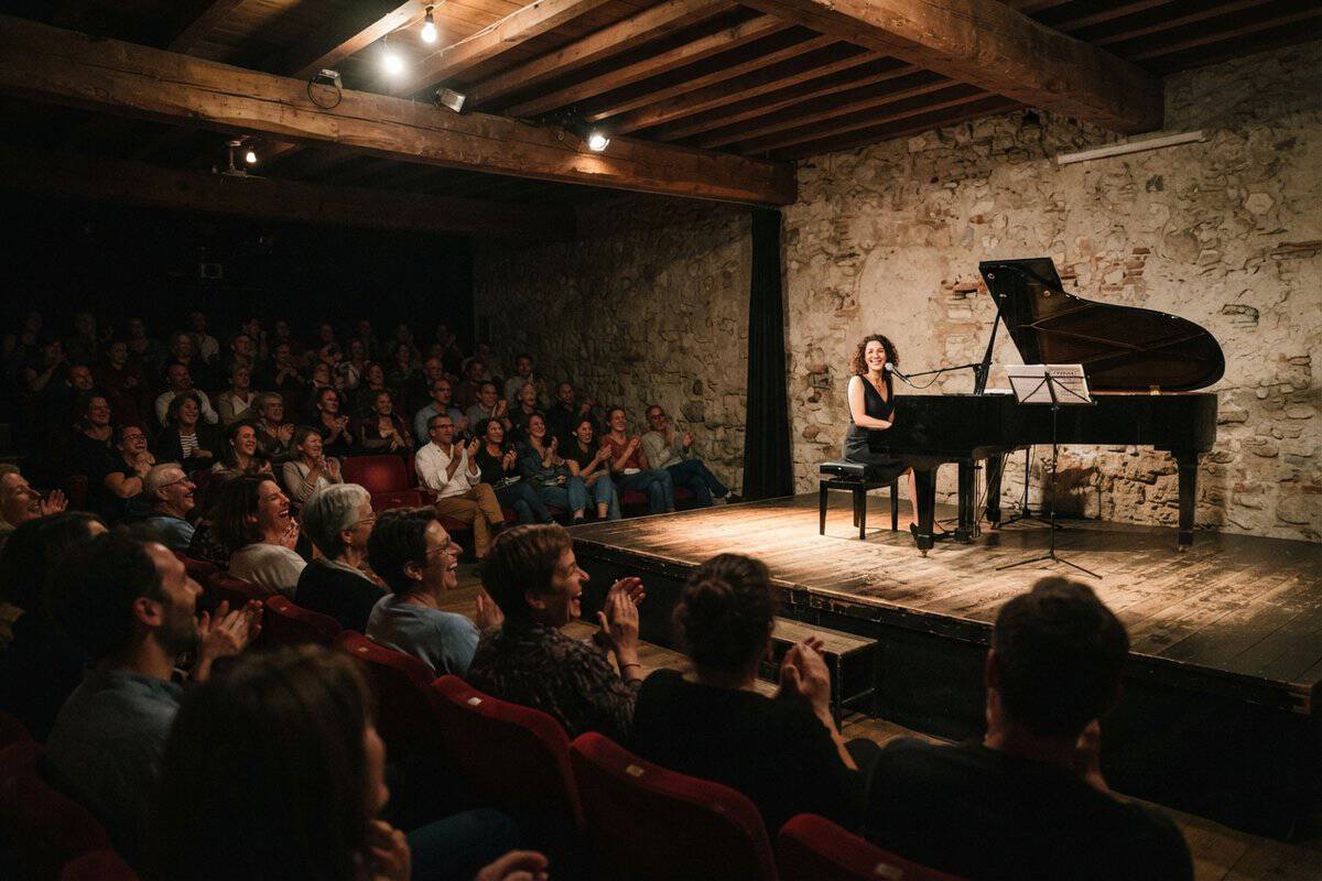 Pianiste souriante au piano à queue sur une petite scène, applaudie par un public assis dans des fauteuils rouges