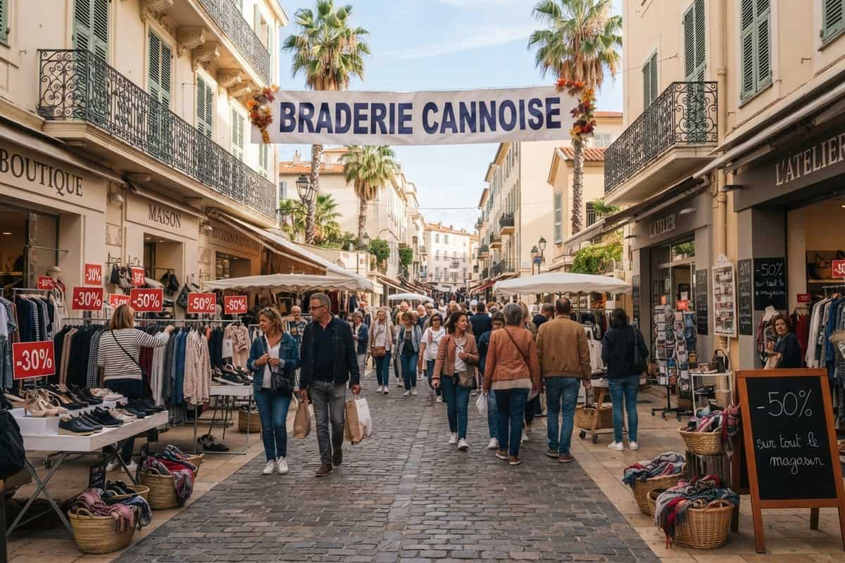 Rue piétonne bordée de portants de vêtements soldés sous une banderole « Braderie cannoise », entre façades et palmiers