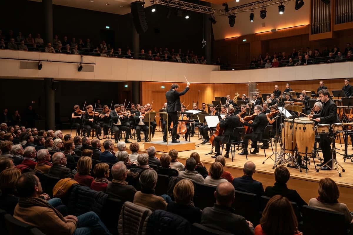Orchestre symphonique et percussionniste aux congas sur scène devant un public nombreux dans une salle de concert