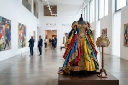 Robe de scène multicolore sur un mannequin et coiffe dorée sur un pied, dans une salle de musée aux tableaux colorés