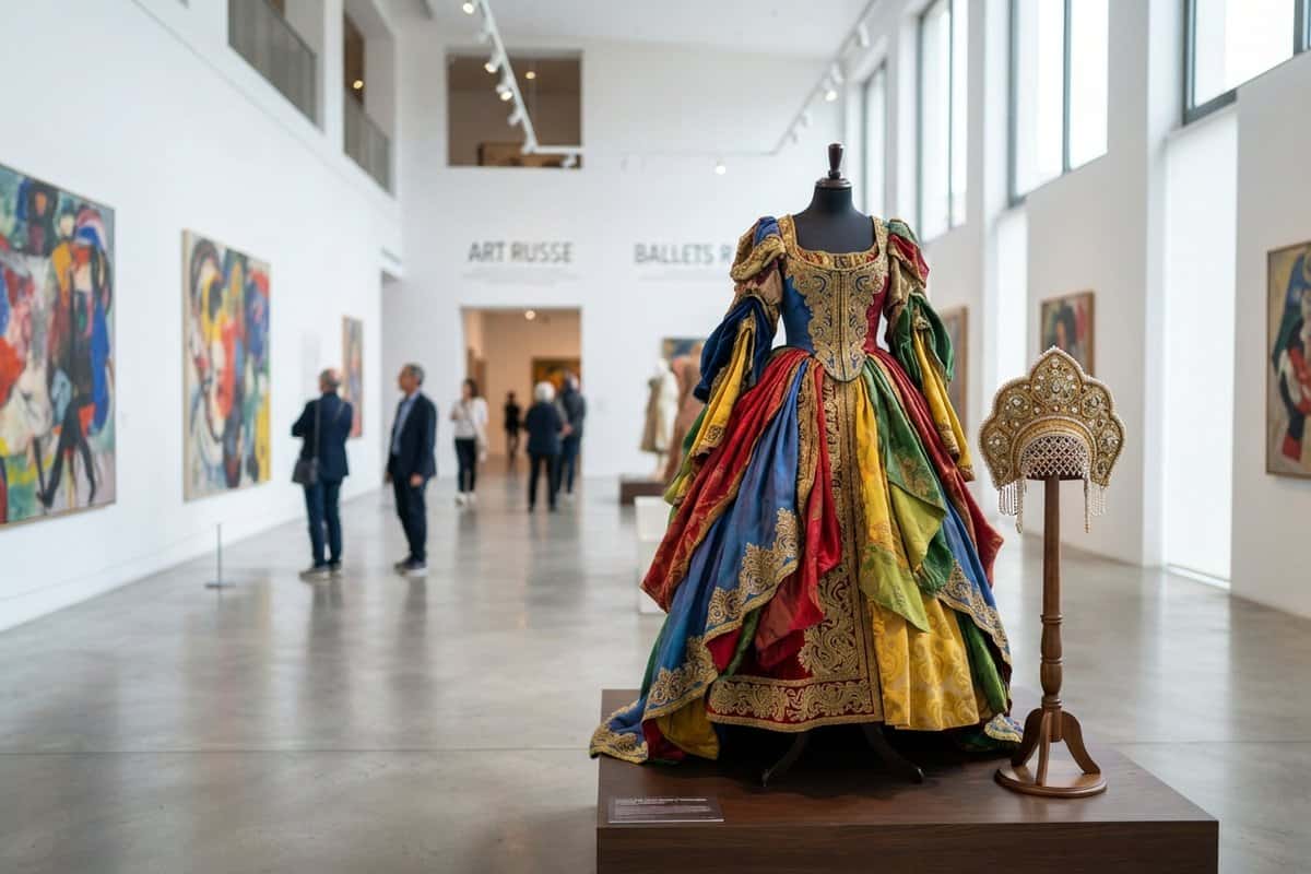 Robe de scène multicolore sur un mannequin et coiffe dorée sur un pied, dans une salle de musée aux tableaux colorés
