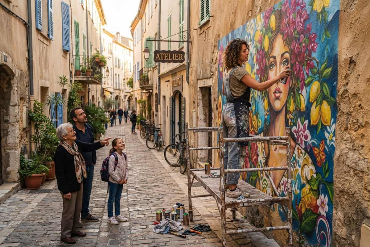 Une artiste sur un échafaudage peint une fresque de visage fleuri dans une ruelle pavée, observée par une famille