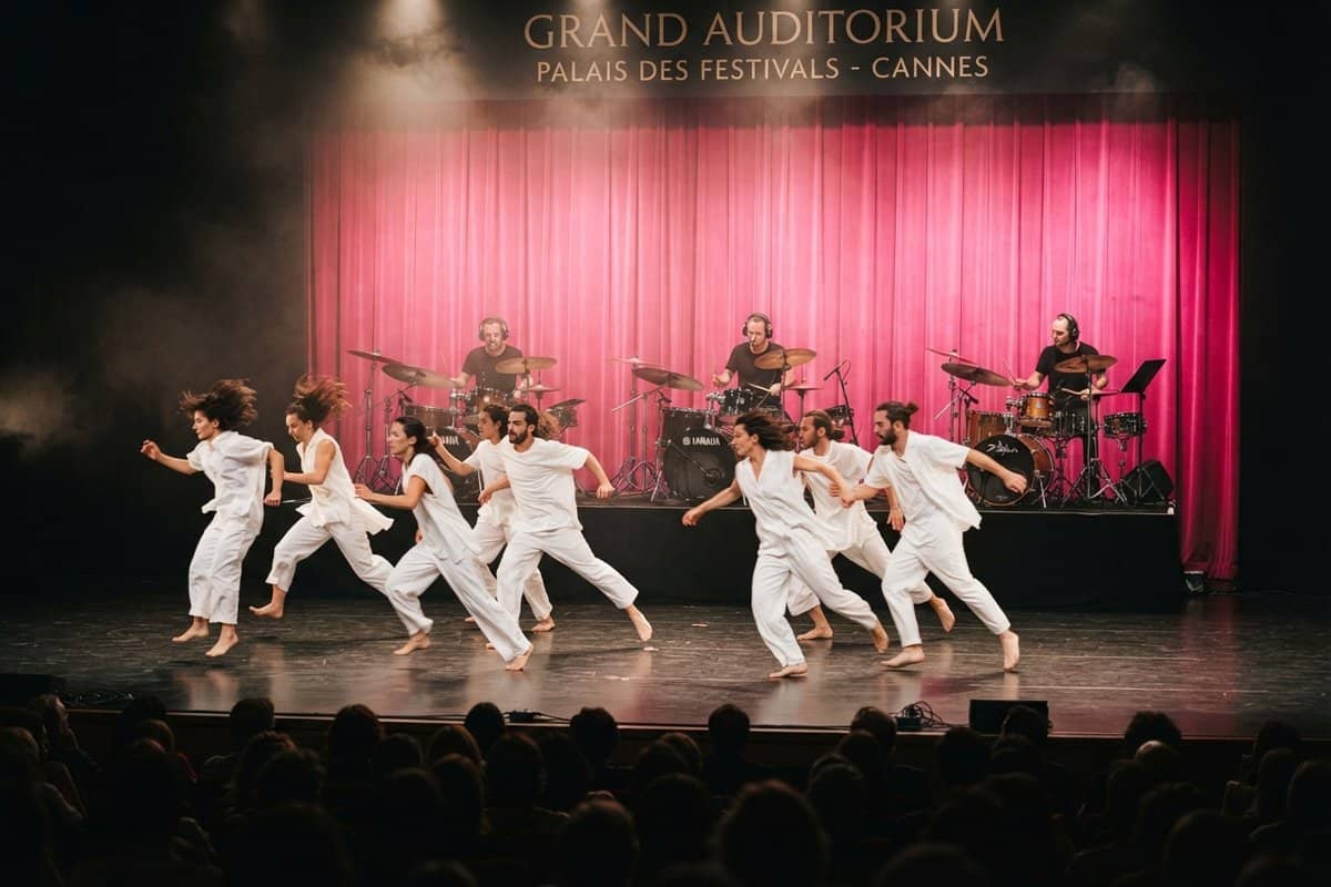 Huit danseurs vêtus de blanc sur scène, trois batteurs devant un rideau de velours rose, public de dos au premier plan