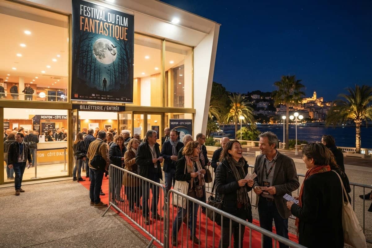 Spectateurs faisant la queue sur un tapis rouge devant un palais des congrès en bord de mer, affiche du festival, la nuit