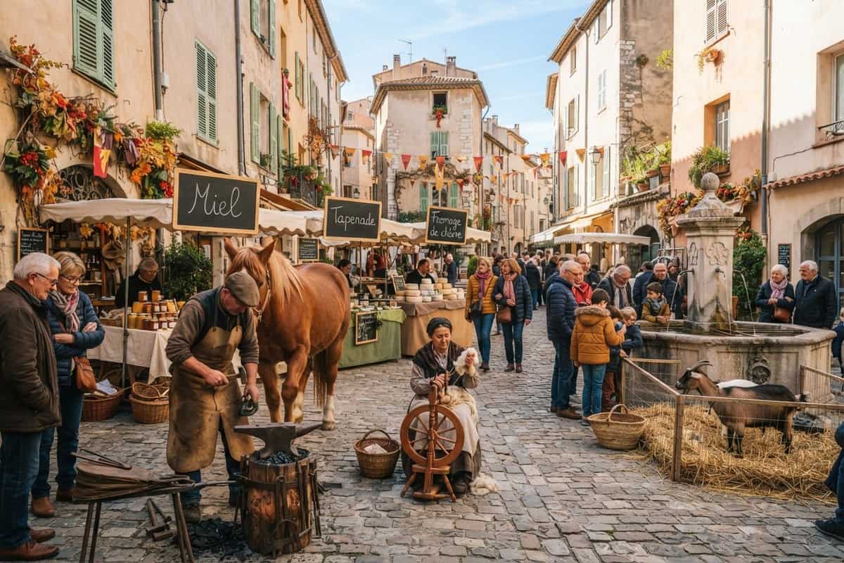 Maréchal-ferrant près d'un cheval, fileuse au rouet et étals de miel et tapenade dans une ruelle pavée de village