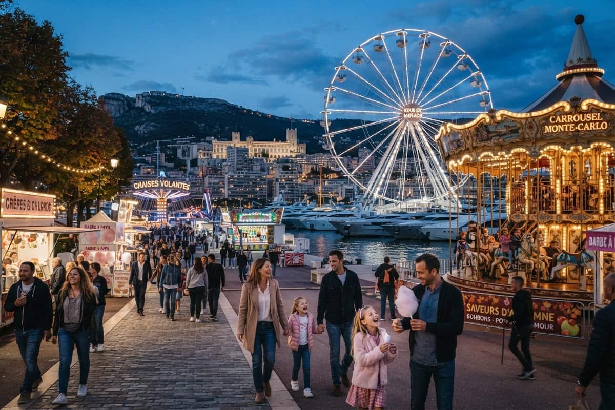 Fête foraine illuminée sur un quai de port au crépuscule, grande roue, carrousel et familles, yachts et Rocher au fond