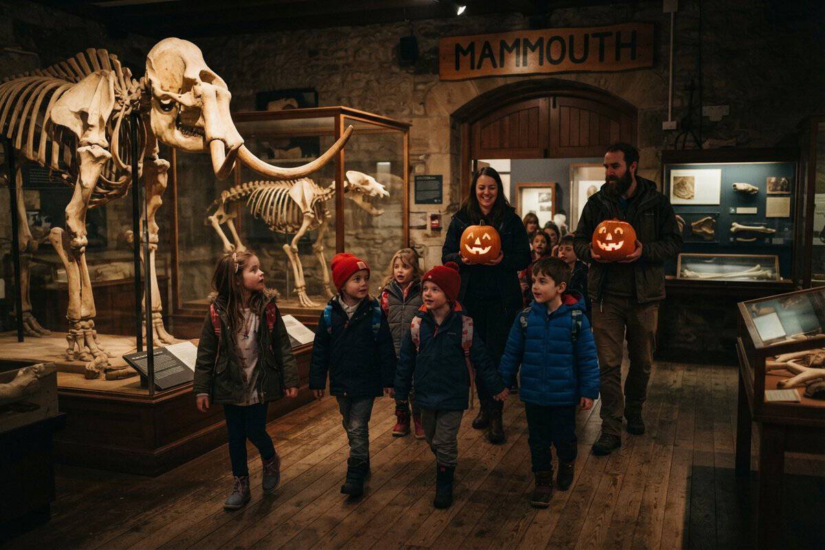 Enfants et deux adultes tenant des citrouilles lumineuses devant un squelette de mammouth dans un musée tamisé