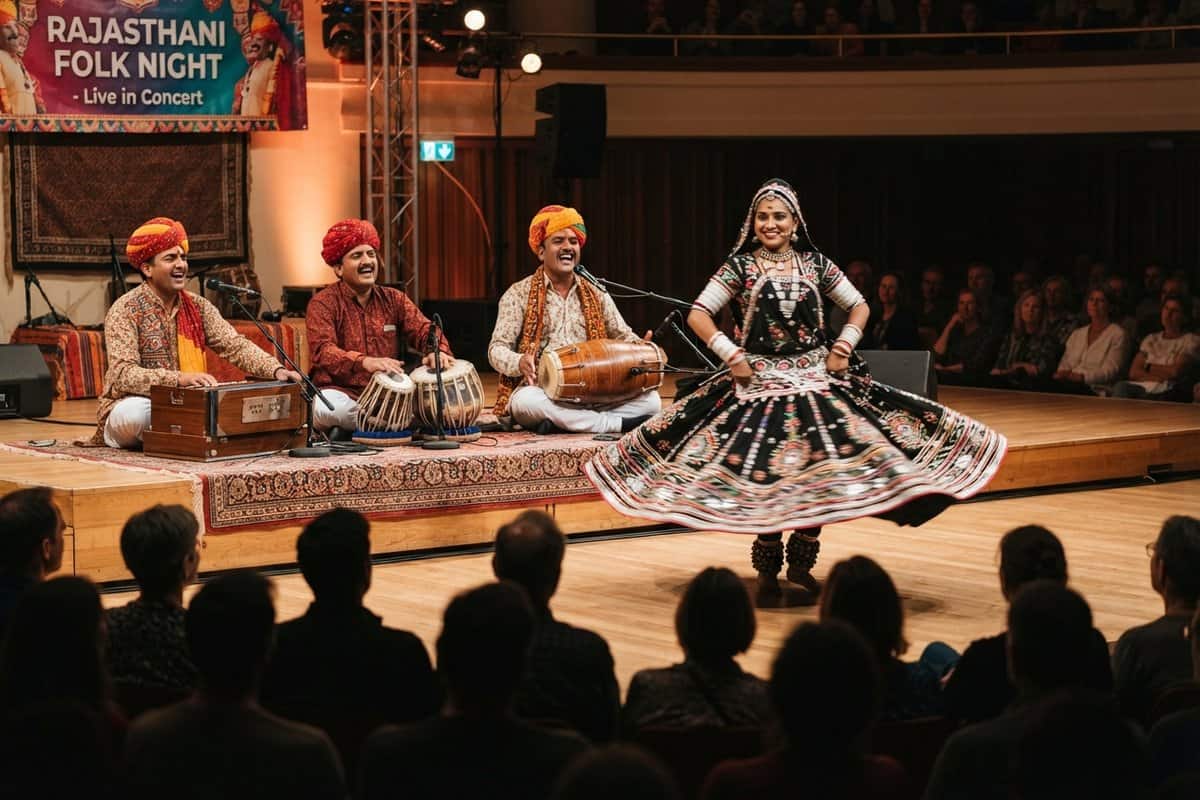 Trois musiciens en turban jouent harmonium, tablas et dholak sur scène pendant qu'une danseuse en jupe noire brodée tourne