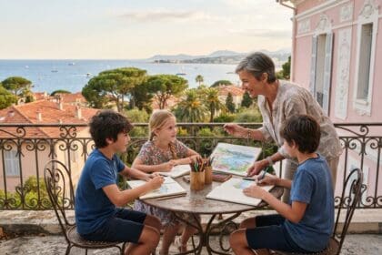 Trois enfants dessinent sur un balcon en fer forgé face à la mer, guidés par une femme qui leur montre un dessin de baie