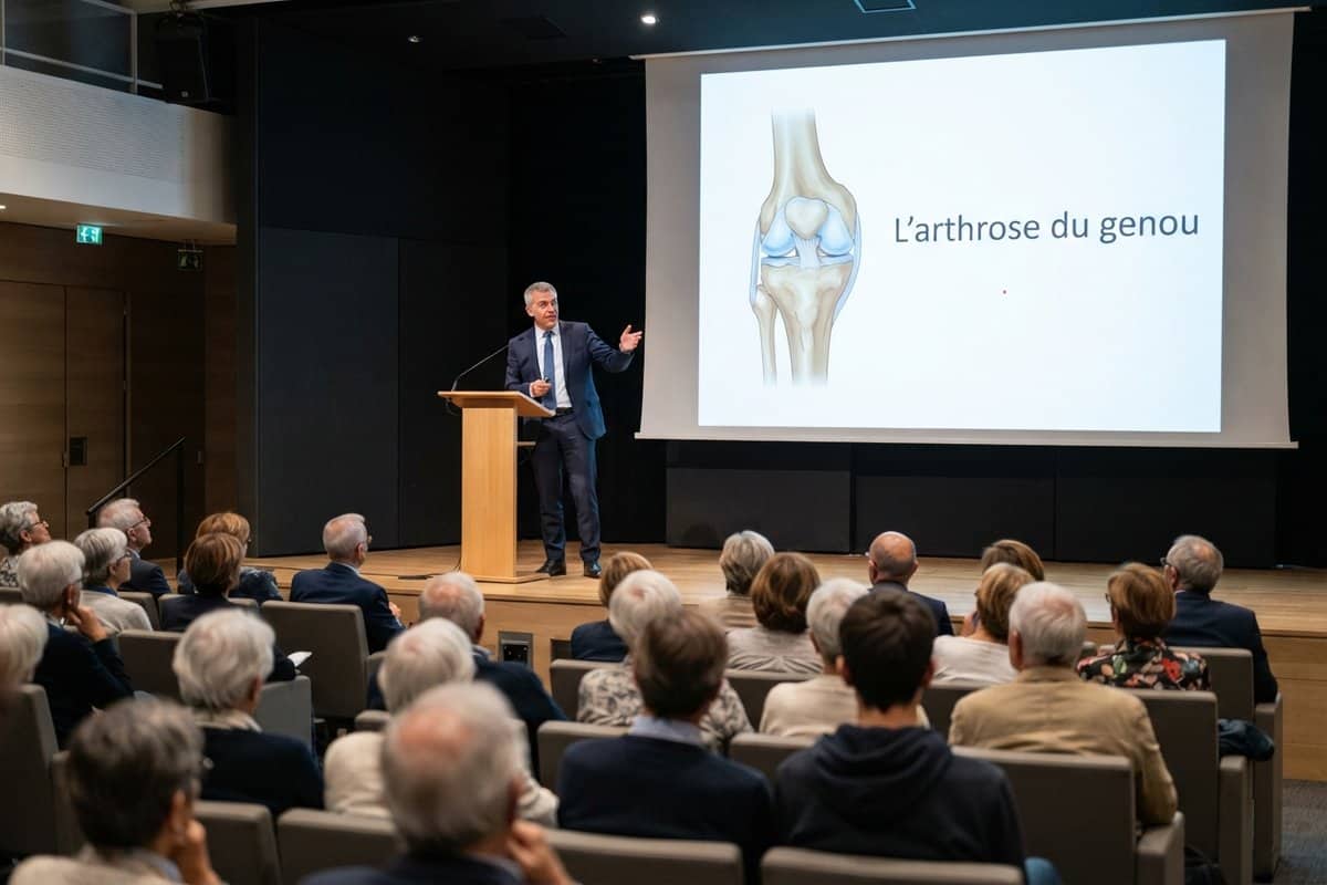 Un chirurgien en costume présente une diapositive sur l'arthrose du genou devant un public attentif dans un auditorium