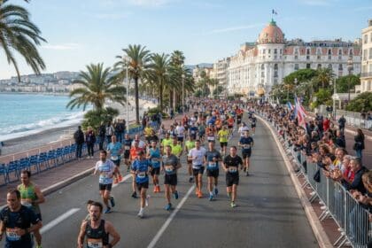 Coureurs d'un marathon sur la Promenade des Anglais à Nice, encouragés par le public le long des barrières, face à la mer