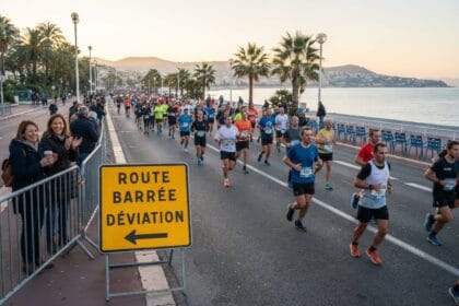 Coureurs sur la Promenade des Anglais au lever du jour, panneau Route barrée Déviation, spectatrices derrière des barrières