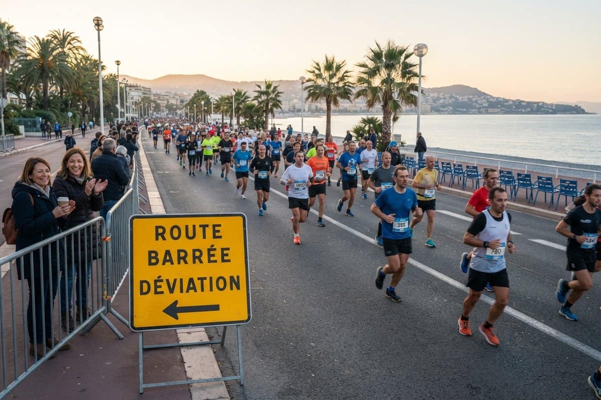 Coureurs sur la Promenade des Anglais au lever du jour, panneau Route barrée Déviation, spectatrices derrière des barrières