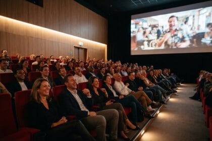 Public riant dans une salle de cinéma aux fauteuils rouges, face à un grand écran