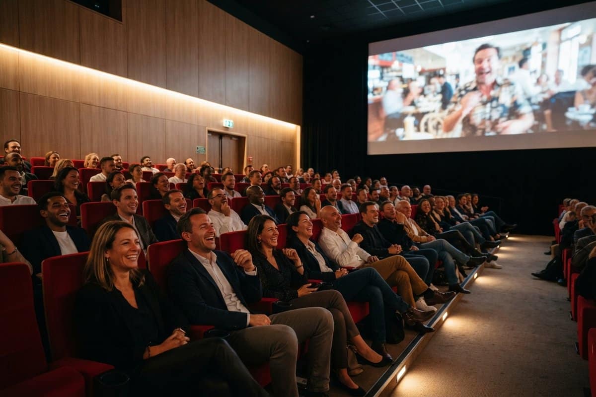 Public riant dans une salle de cinéma aux fauteuils rouges, face à un grand écran