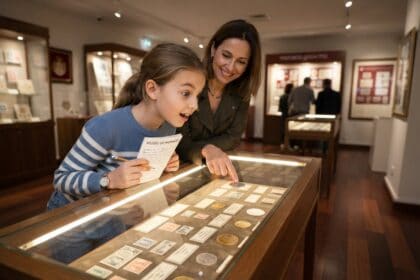 Une fillette, livret et crayon en main, s'émerveille devant une vitrine de timbres et de pièces que lui montre sa mère.