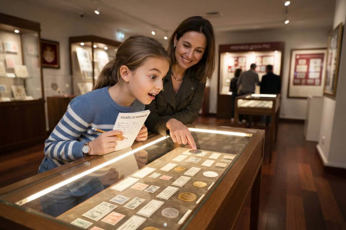 Une fillette, livret et crayon en main, s'émerveille devant une vitrine de timbres et de pièces que lui montre sa mère.