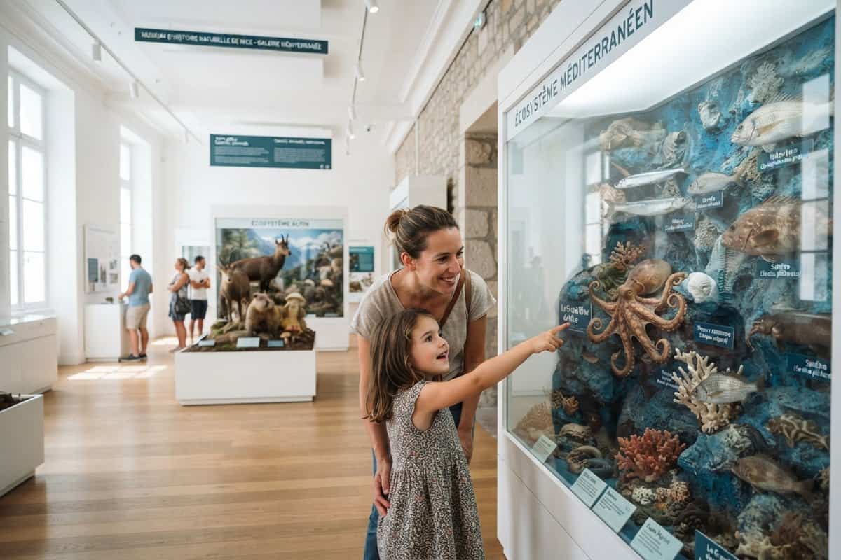 Une mère et sa fille observent une vitrine de poissons et une pieuvre de Méditerranée dans une galerie de muséum