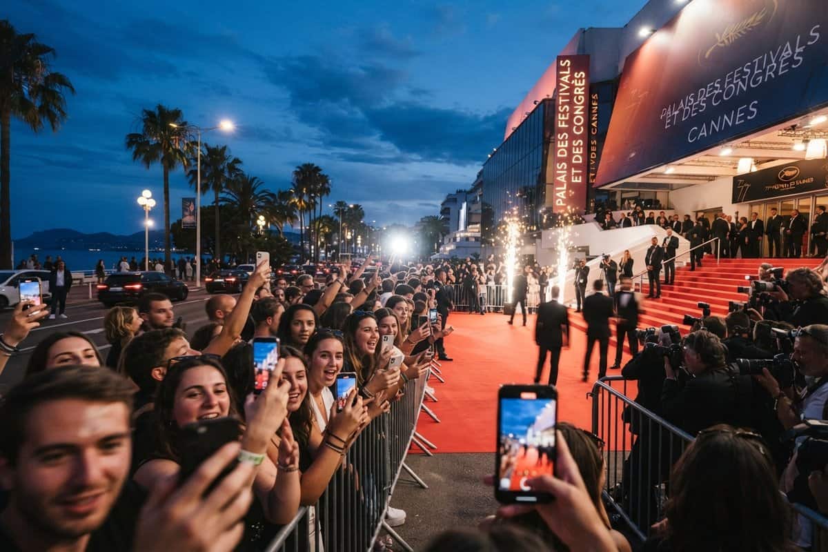 Fans derrière des barrières, smartphones levés, devant le tapis rouge du Palais des Festivals de Cannes au crépuscule