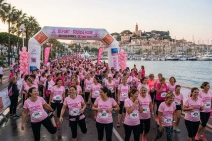 Coureuses en tee-shirt rose au départ d'une course solidaire sur le front de mer de Cannes, Vieux-Port et Suquet au fond