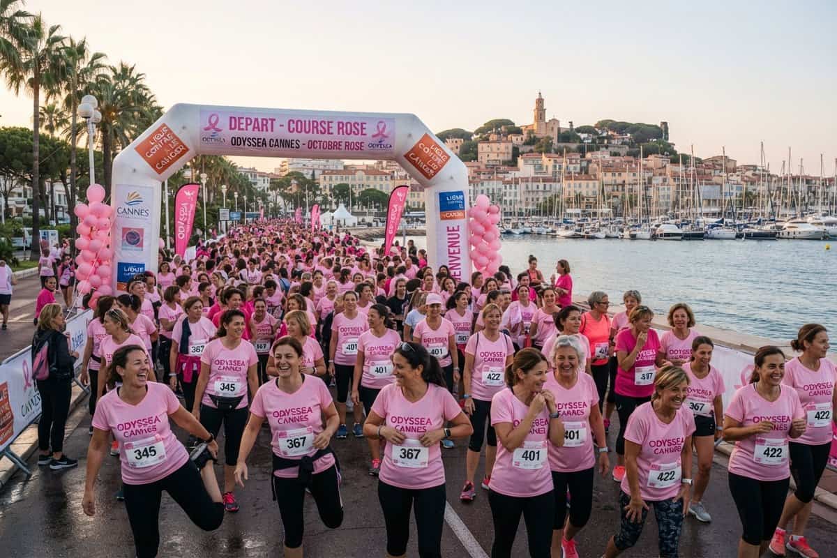 Coureuses en tee-shirt rose au départ d'une course solidaire sur le front de mer de Cannes, Vieux-Port et Suquet au fond
