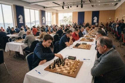 Un adolescent déplace une pièce face à un joueur senior dans une grande salle de tournoi d'échecs avec vue sur la mer