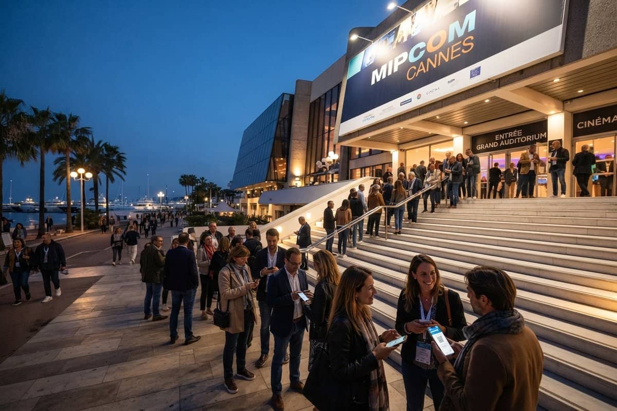 Visiteurs faisant la queue au crépuscule devant l'entrée du Grand Auditorium du Palais des Festivals de Cannes