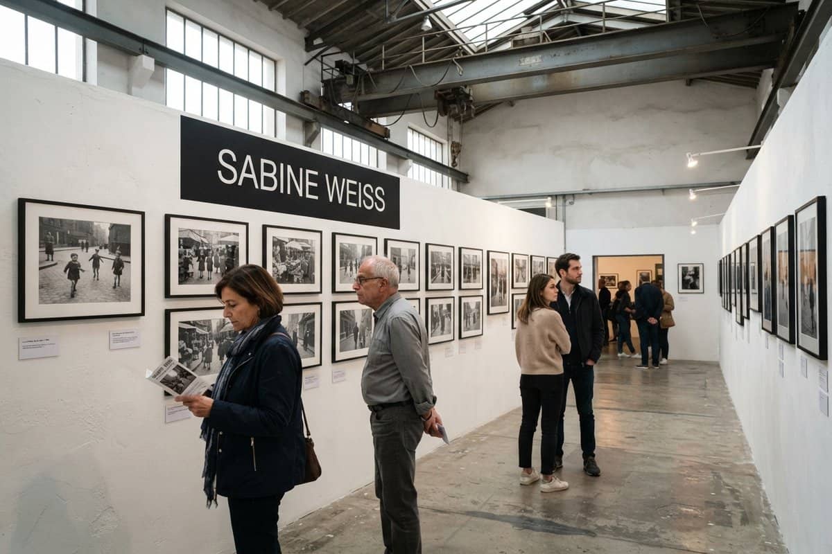 Visiteurs devant des tirages noir et blanc sous un panneau Sabine Weiss, dans une salle d'exposition aux poutres métalliques