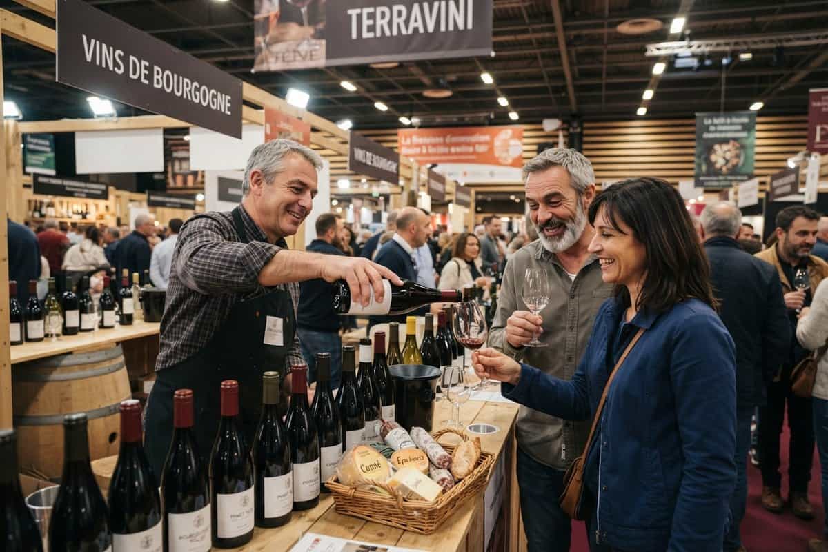 Un vigneron verse du vin rouge à un couple de visiteurs sur un stand de vins de Bourgogne au salon Terravini
