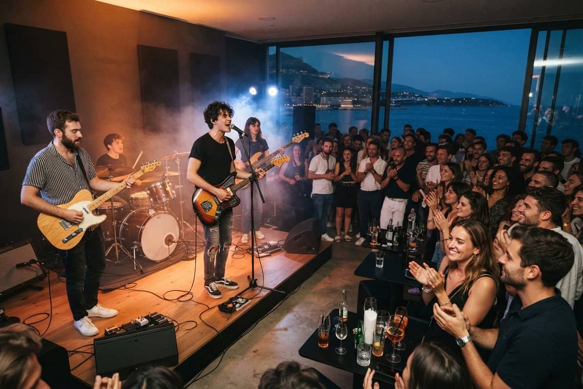 Groupe de rock en concert sur une petite scène, public applaudissant près des tables, baie vitrée sur la mer au crépuscule