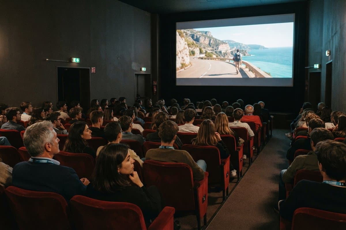 Public assis dans une salle de cinéma aux fauteuils rouges devant un écran montrant un randonneur sur une route côtière